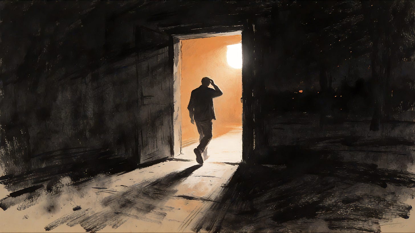 A figure steps through a doorway out of a dark room, one hand at the side of his head, not looking back. Beyond the door, a low sun and a dim, unresolved landscape. Warm-amber charcoal.