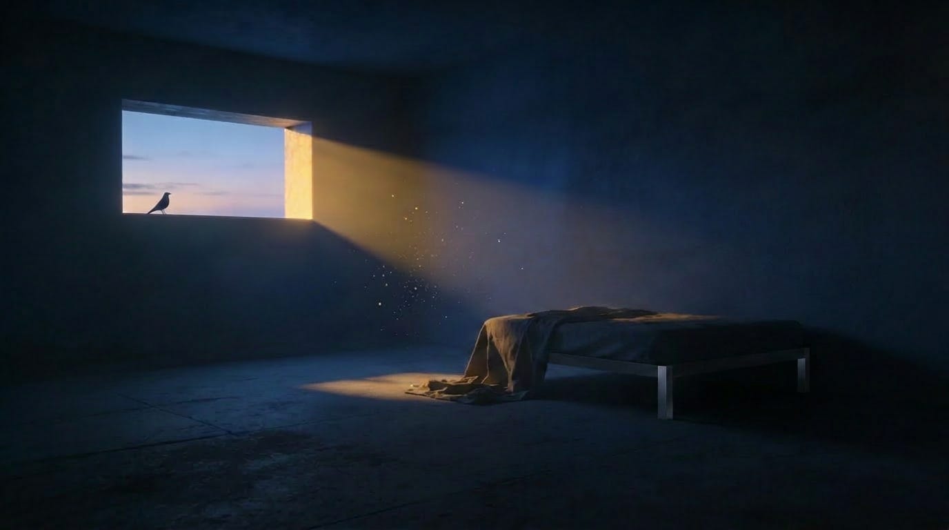 A dark, near-empty room before dawn. Cool blue shadow fills most of the frame. Warm gold light enters through a single window on the upper left, casting a beam across the bare floor with dust suspended in it. A plain bed sits in shadow on the right, its blanket half-fallen to the floor. A small bird is silhouetted on the windowsill.