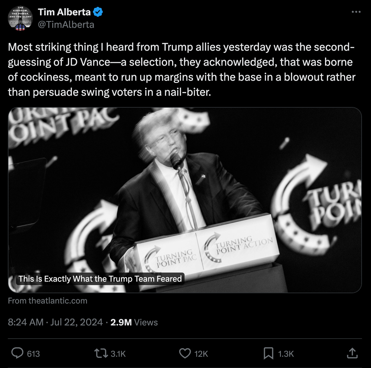Tim Alberta: "Most striking thing I heard from Trump allies yesterday was the second-guessing of JD Vance—a selection, they acknowledged, that was borne of cockiness, meant to run up margins with the base in a blowout rather than persuade swing voters in a nail-biter." Tim Alberta: "Most striking thing I heard from Trump allies yesterday was the second-guessing of JD Vance—a selection, they acknowledged, that was borne of cockiness, meant to run up margins with the base in a blowout rather than persuade swing voters in a nail-biter."