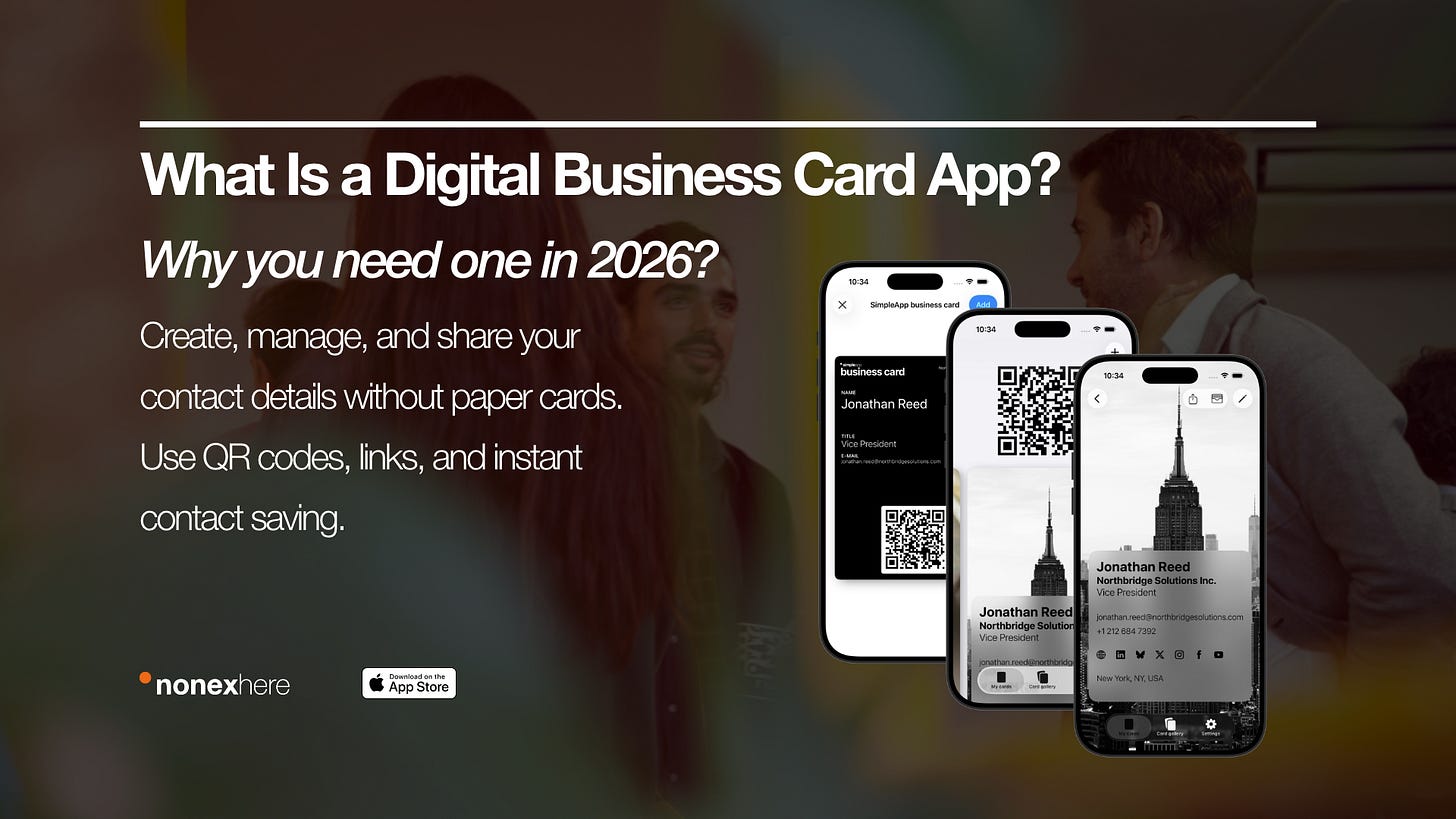 Digital business card app showing QR code sharing, Apple Wallet integration, and instant contact sharing on a mobile device
