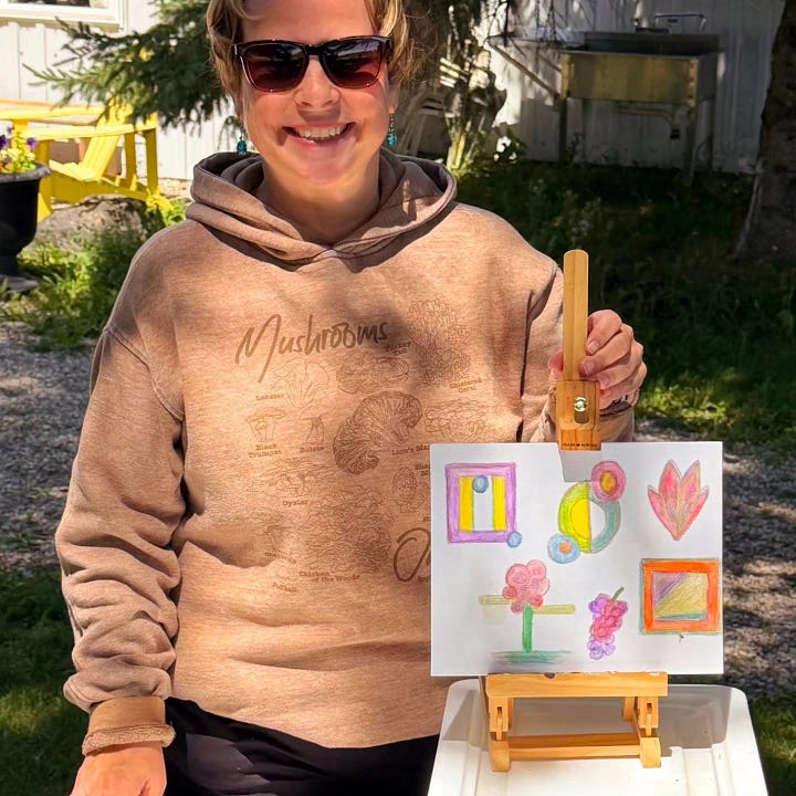 Woman with art easel, a bouquet of flowers, a series of artworks
