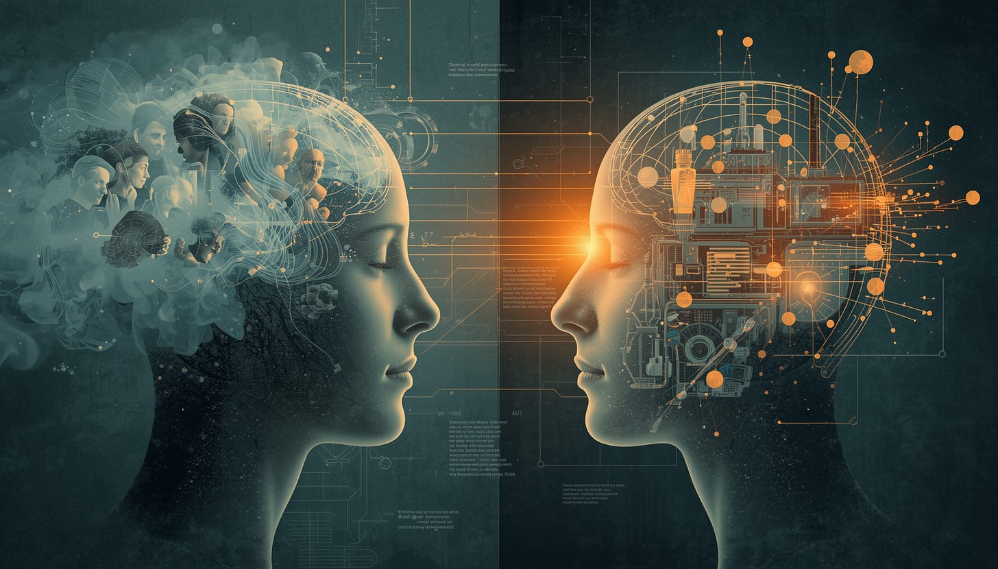 A cinematic digital illustration of two human profiles facing each other. The left profile represents the phenomenological, with a brain filled with dreamlike, overlapping faces of people. The right profile represents the empirical, with a brain composed of golden technical diagrams, glowing circuits, and data nodes. A bright spark of light ignites at the point where their foreheads meet, symbolizing the bridge between subjective experience and scientific measurement.