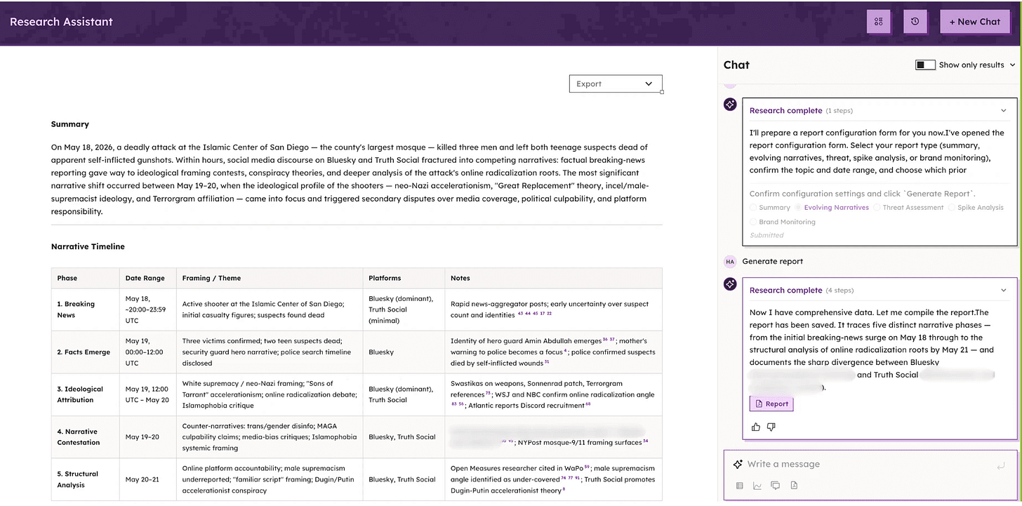 Research Assistant narrative report example with sidebar chat
