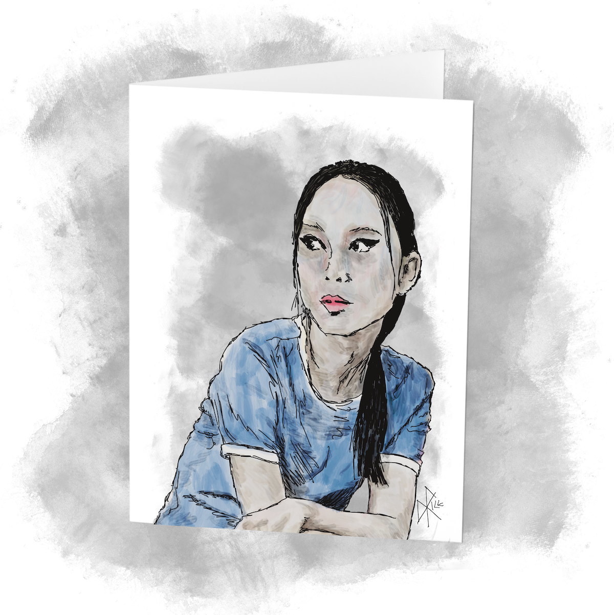 Seated on a bench while taking a break from exercising, a young woman in a blue t-shirt and hair in a ponytail looks around the room. Sketch art by Don Rice.