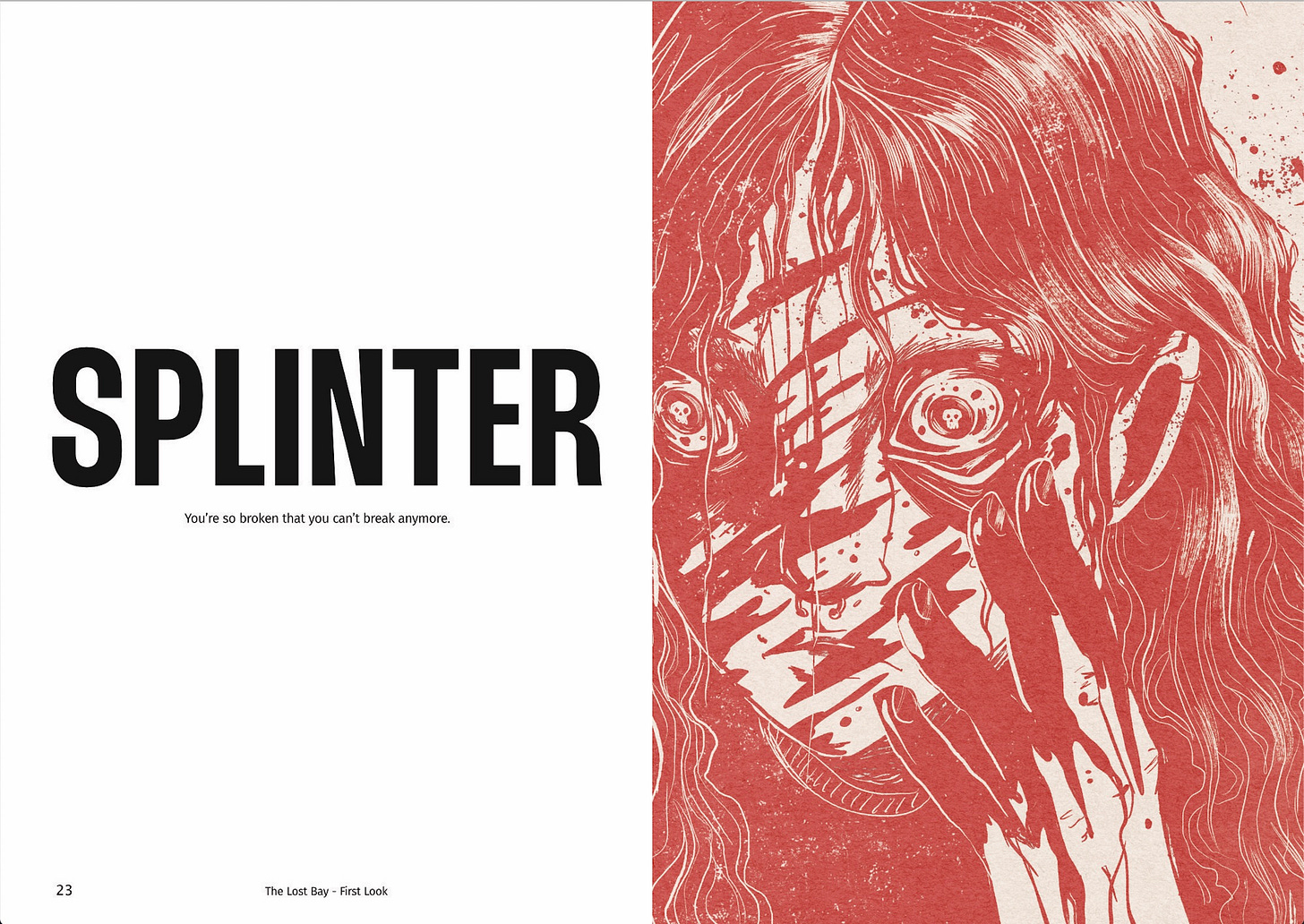 A page from the book. SPLINTER. You're so broken that you can't break anymore. Illustration of a woman covered in blood and death in her eyes.