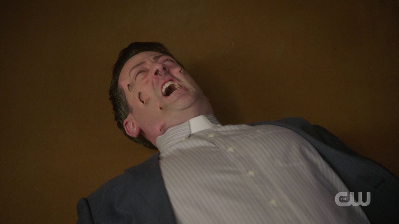 Supernatural 14.19 dean man infested with worms coming out of face Supernatural 14.19 dean man infested with worms coming out of face