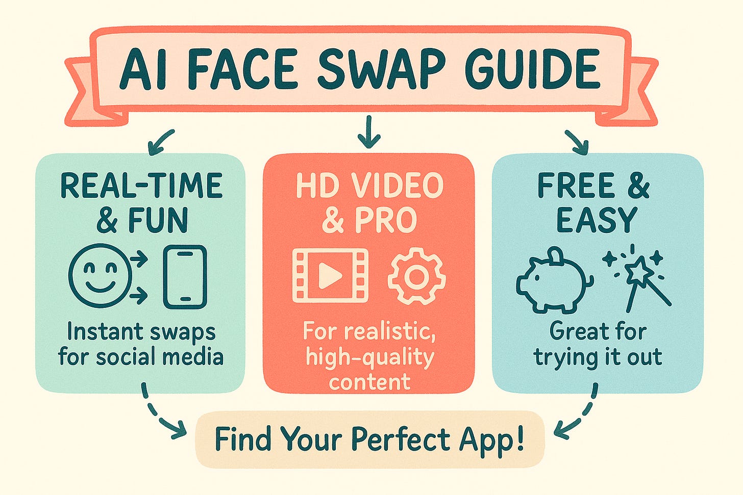 An infographic collage showing various smartphones with faces being swapped, with text bubbles highlighting key features like "Real-Time," "AI-Powered," and "HD Video."