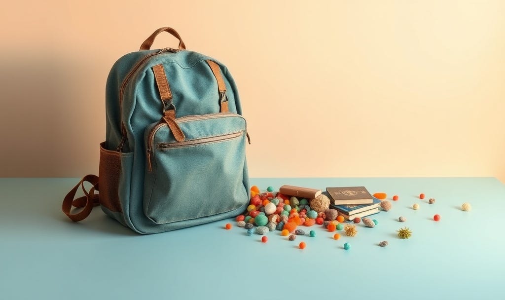 Weathered backpack with colorful treasures and objects spilling out in blue, green, coral and gold tones, representing the unexpected valuable lessons collected on an unplanned journey