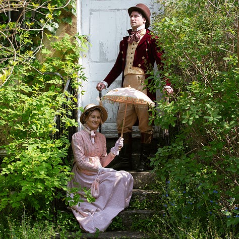 Models in regency dress enjoy the accomodations at the Gainsborough Bath Spa, high tea, a chat beside the spa, a walk through Bath, lounging on a shady Georgian stoop, a stroll through the city, a countryside walk, a visit to the Royal Crescent, and a drink at the Gainsborough bar