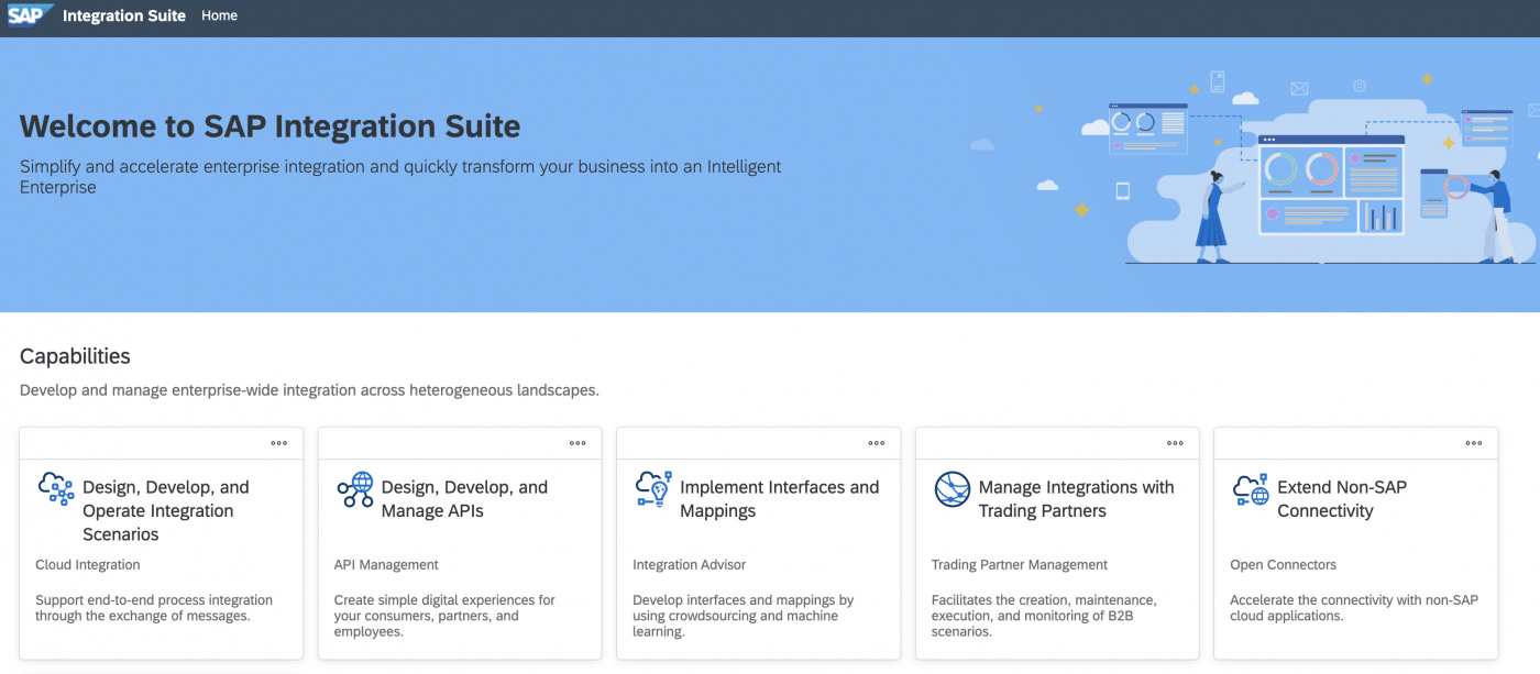 home screen of SAP integration suite showing capabilities, cloud integration, API management, trading partner management, open-connectors