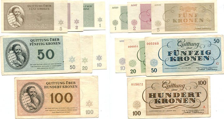 These currency denominations were intended for Jews to use inside concentration camps, note the Star of David and Moses embedded.