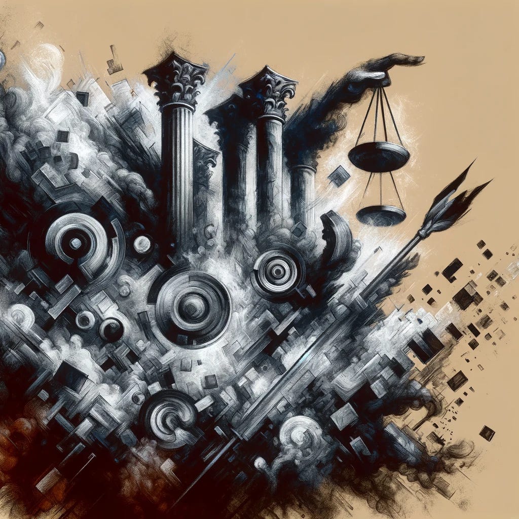Create a very minimalistic and abstract charcoal sketch inspired by the themes of a legislative challenge against a regulatory policy on cryptocurrency. The artwork should abstractly represent the tension and dynamics between lawmakers and regulatory bodies, focusing on forms and shapes that evoke the ideas of overturning or challenging a policy. Use expressive, broad strokes and contrasting shades to convey the complex nature of this confrontation, without any written characters, numbers, specific brands, or symbols. The piece should capture the essence of legislative efforts to change a crypto-related accounting policy, emphasizing the interplay of power, regulation, and the digital asset landscape in a highly abstract manner.