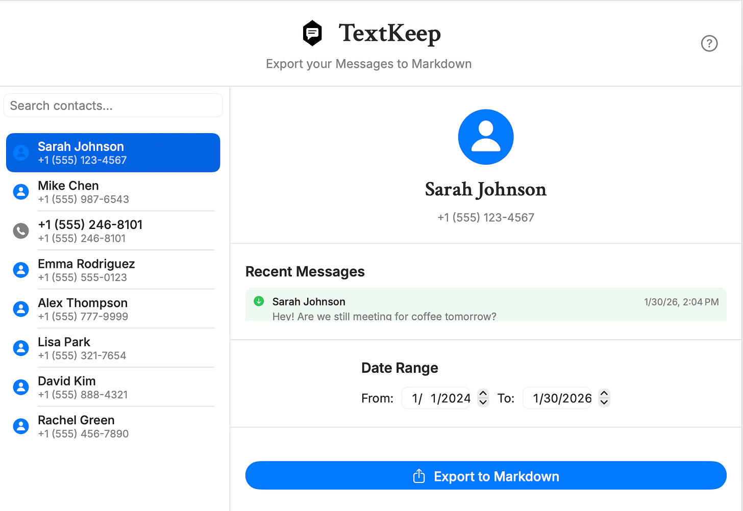 TextKeep app interface showing iMessage conversations list and export options