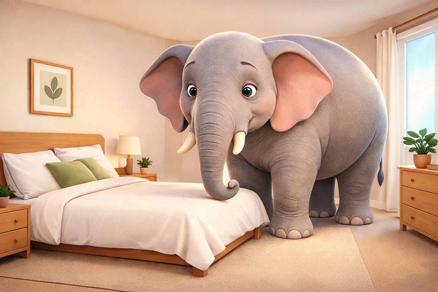 A soft, Pixar-style cartoon elephant standing in a bedroom next to a king-size bed, symbolising overwhelm, emotional load, and feeling unable to manage everything at once.