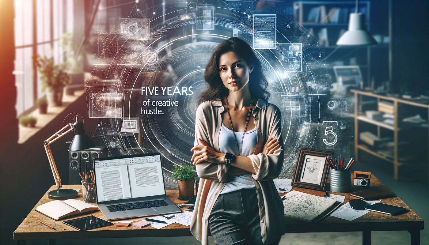 A woman sat on a modern desk, with representations of tech tools around her in a blue halo.