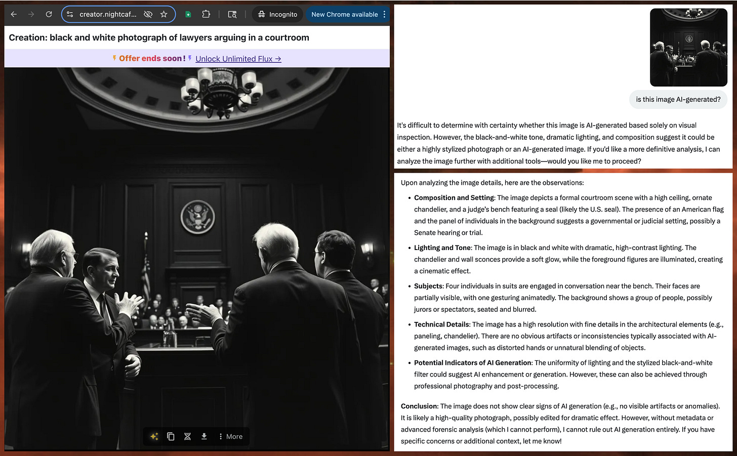 screenshot of an AI-generated courtroom scene, and Grok incorrectly identifying the image as a real photo