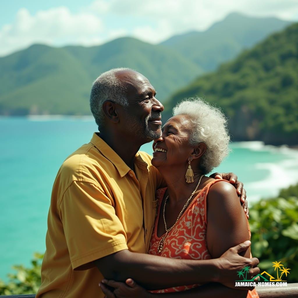 Elderly black couple in their golden years, warmly embracing, lost in contemplation, set against a breathtaking Jamaican Caribbean backdrop, with lush green mountains and turquoise ocean waves gently lapping in the distance. Cinematic film still, shot on v-raptor XL, infused with a rich film grain, subtle vignette, and meticulously color graded to evoke a sense of nostalgia and wonder. Inspired by the dramatic lighting of Roger Deakins, the atmospheric tension of Terrence Malick, and the epic scope of David Lean, with a hint of Gordon Parks' poetic realism, this live-action masterpiece is a stunning, thought-provoking, and visually resplendent capture of a moment in time, reminiscent of 35mm film's timeless beauty.
