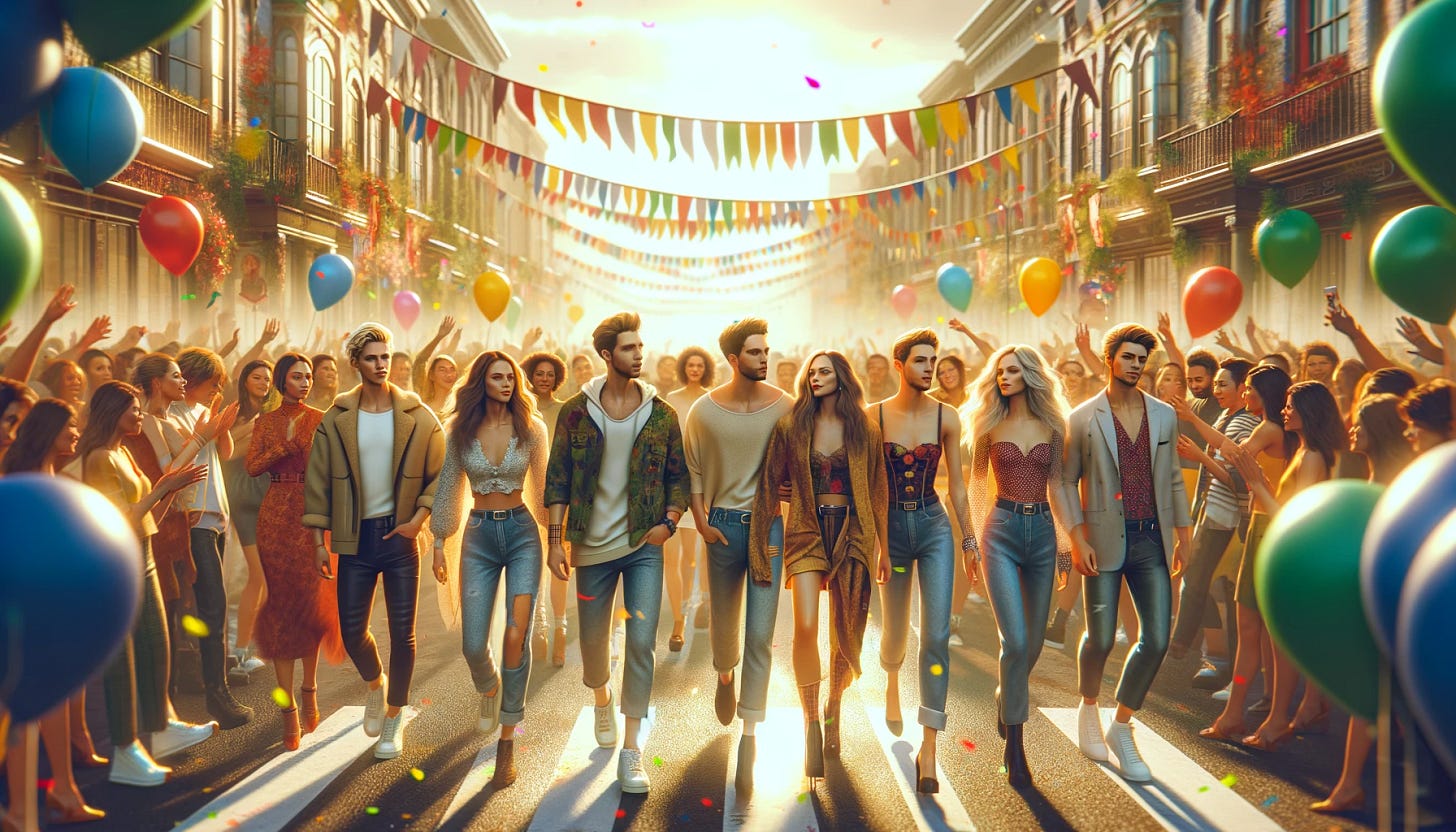 A vibrant street scene unfolds as a group of young, attractive couples walk side by side, participating in a lively parade. The atmosphere is electric with joy and camaraderie, with onlookers cheering from the sidewalks. Each couple shows a unique style, reflecting a tapestry of modern fashion. The street is adorned with colorful banners and festive decorations, creating a backdrop of celebration. Bright confetti dots the air, adding to the festive mood. The sky is clear, casting a warm, golden hue over the scene, emphasizing the joy and unity of the moment.