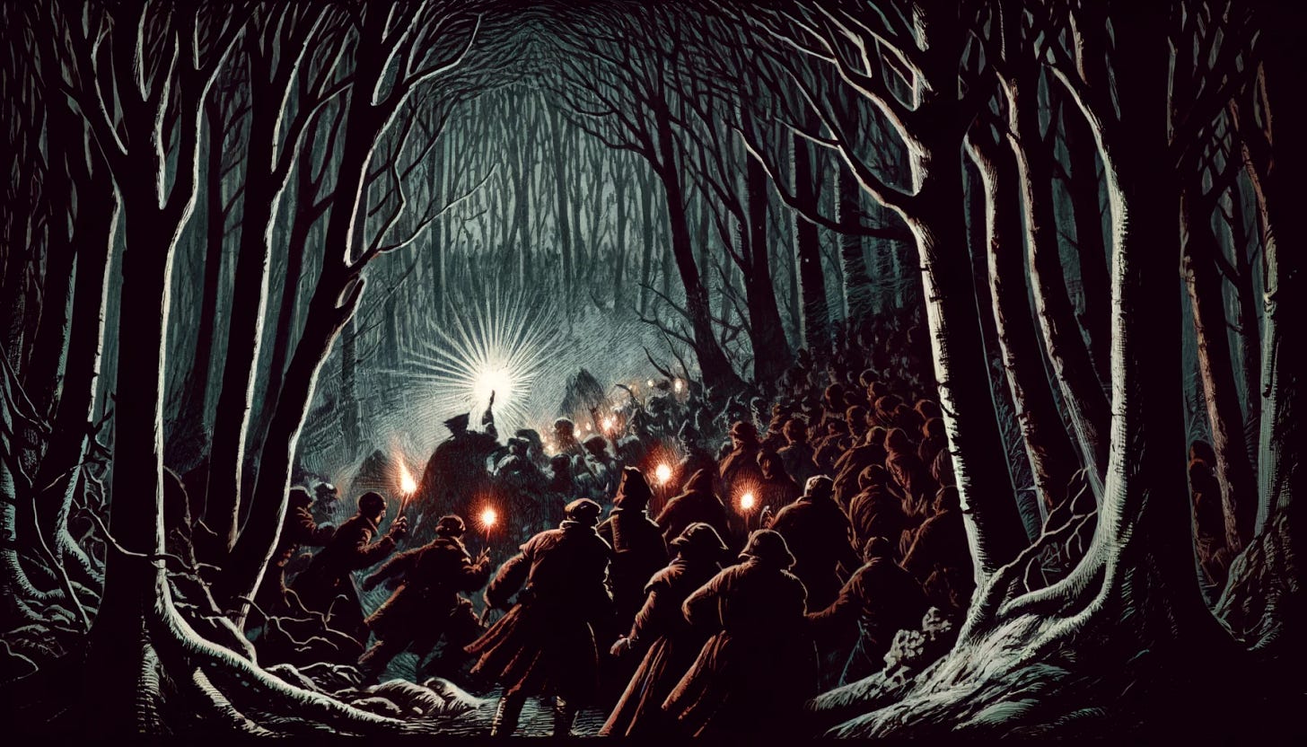A dark, suspenseful forest scene at night, colored with deep maroon and grey tones. The forest is dense with twisted trees and thick undergrowth. A mob of villagers, their faces tense with fear and determination, surge forward with torches that cast long shadows and bright spots of light through the darkness. The scene captures the intensity and urgency as they search through the woods, with some villagers pointing towards a shadowy area where something might be hiding.