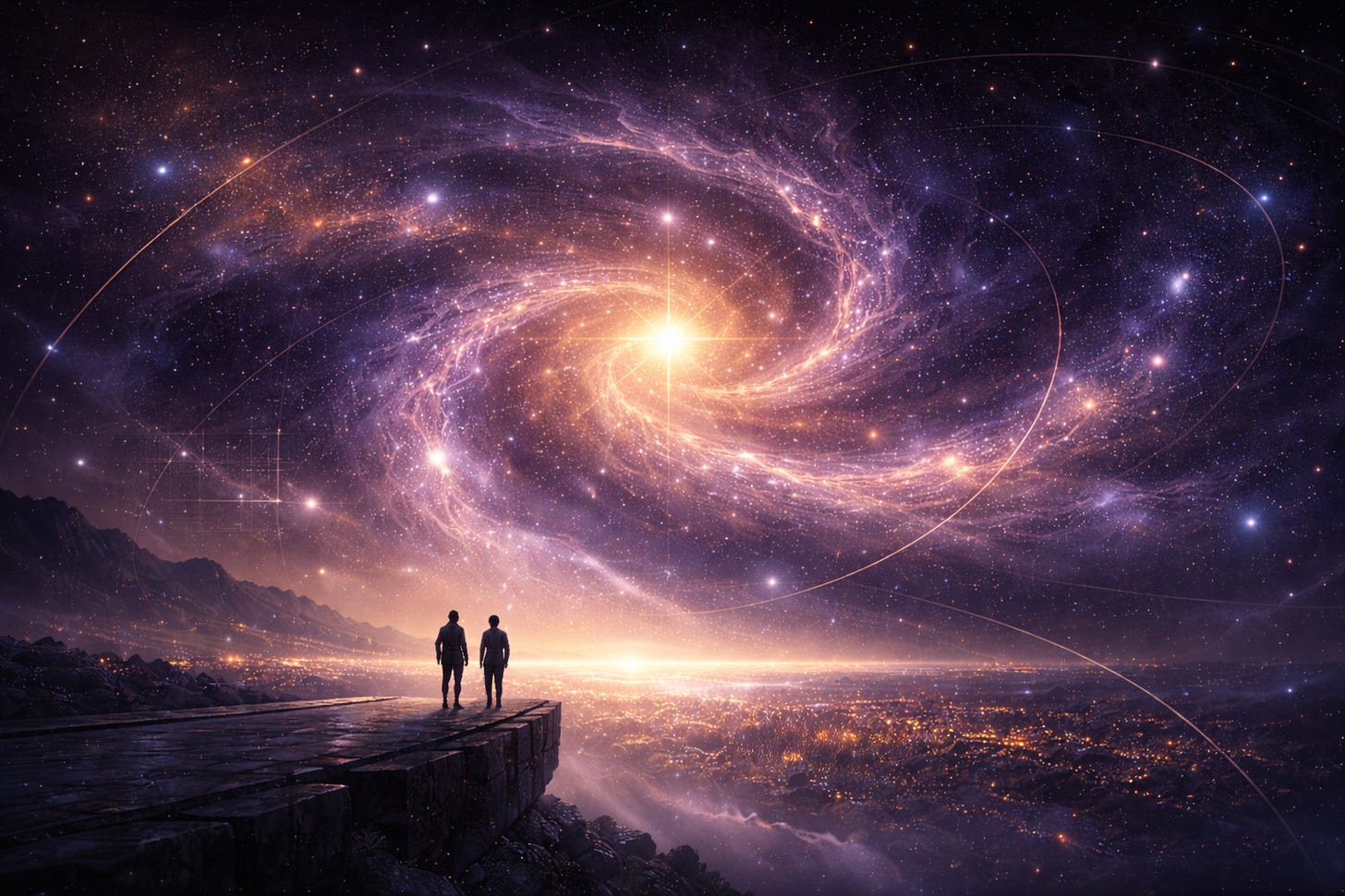 Two small human figures stand side by side on a narrow platform overlooking a vast, luminous spiral galaxy. The figures are dwarfed by the cosmic scene, suggesting a quiet meeting at the edge of the universe. The sky is filled with swirling stars and soft arcs of light, evoking contemplation, long-term futures, and the sublime scale of cosmic history.