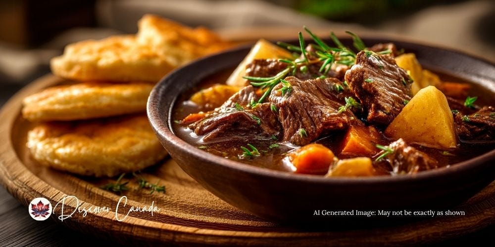 A hearty bowl of elk stew with bannock at an Indigenous restaurant in Vancouver.