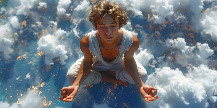 Man in a fantasy setting practicing yoga and mindful meditation