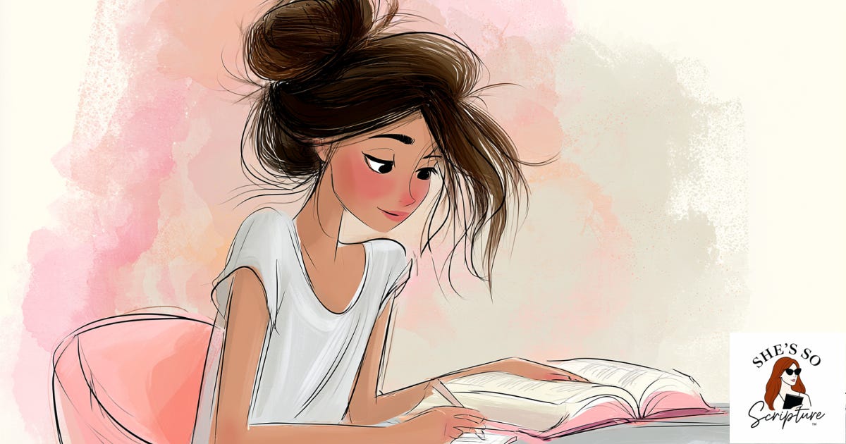 A woman studying a Bible and taking notes, illustrated, cream and pink tones A woman studying a Bible and taking notes, illustrated, cream and pink tones