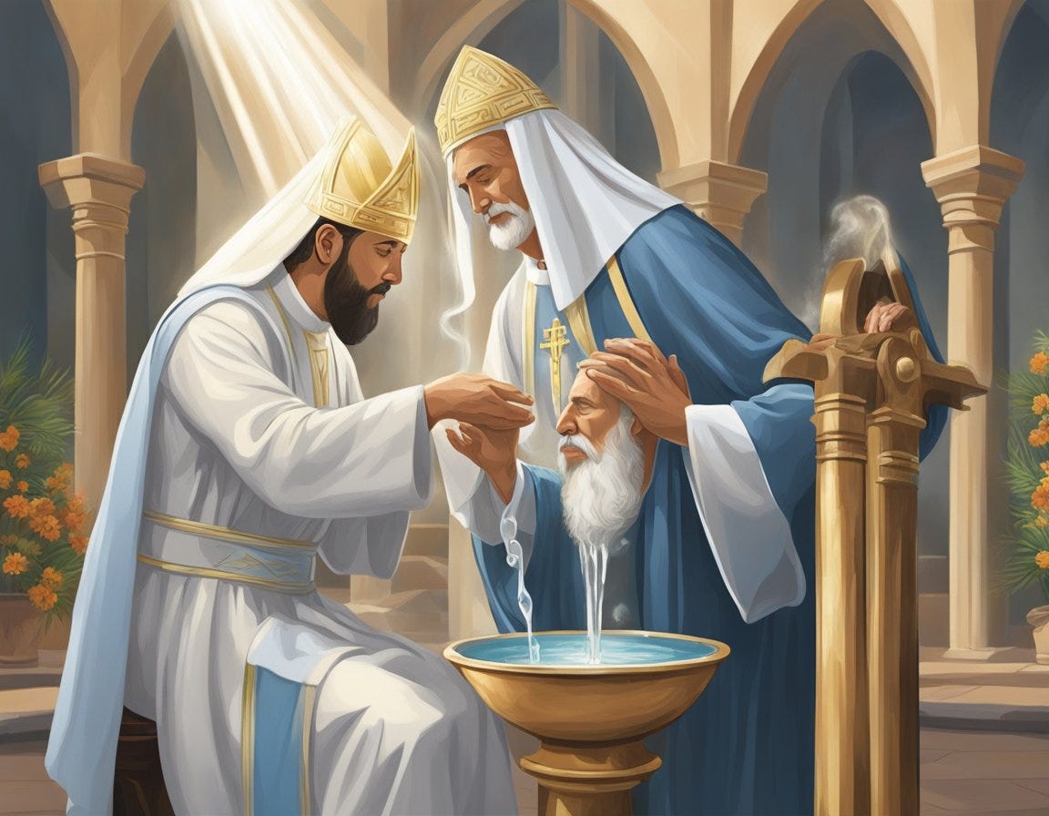 A priest pours water over a person's head, symbolizing the cleansing of sin and rebirth in the Christian faith