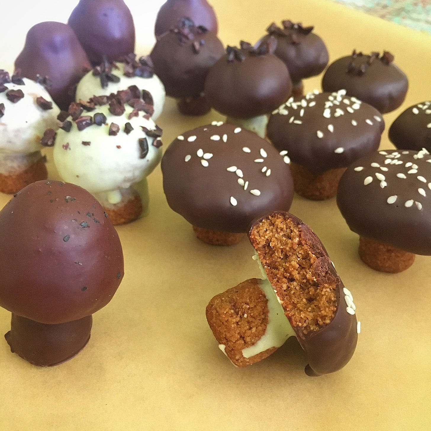 chocolate-dipped gingerbread mushroom-shaped cookies