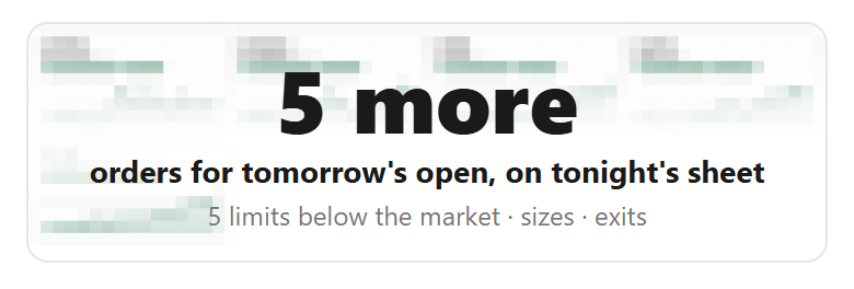 5 more orders for tomorrow's open on tonight's sheet, shown blurred.
