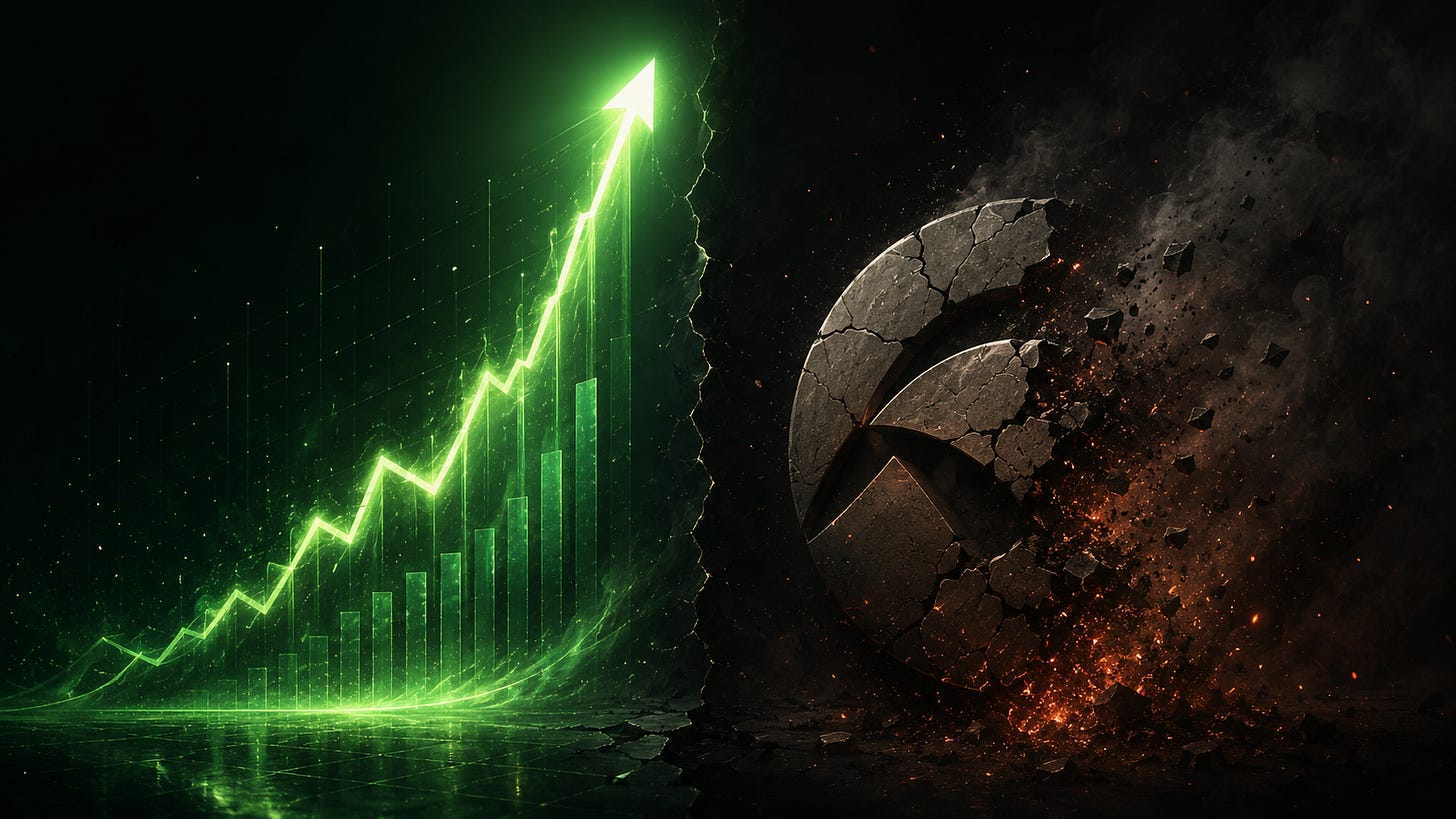 A glowing revenue chart rises sharply while a cracked brand symbol breaks apart into smoke and embers. A glowing revenue chart rises sharply while a cracked brand symbol breaks apart into smoke and embers.