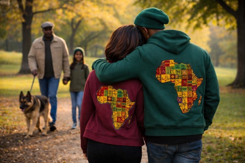 Black couple wears red and green hoodies with African maps on the back of the jackets. A German Shepherd is walking toward them while an older Black man and a young girl are in the park.