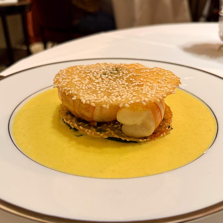 Langoustines with curry sauce at L'Ambroisie restaurant in Paris