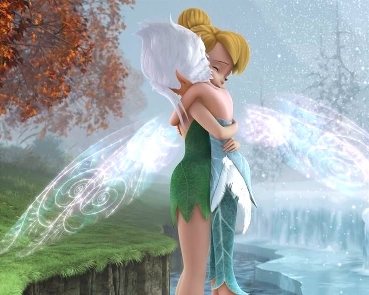 This may contain: an animated image of two people hugging each other in front of a waterfall and tree
