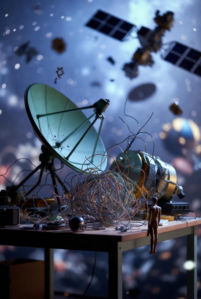 A photograph of a cluttered table with space debris, symbolizing humanity's impact on space, in a somber, starry setting.