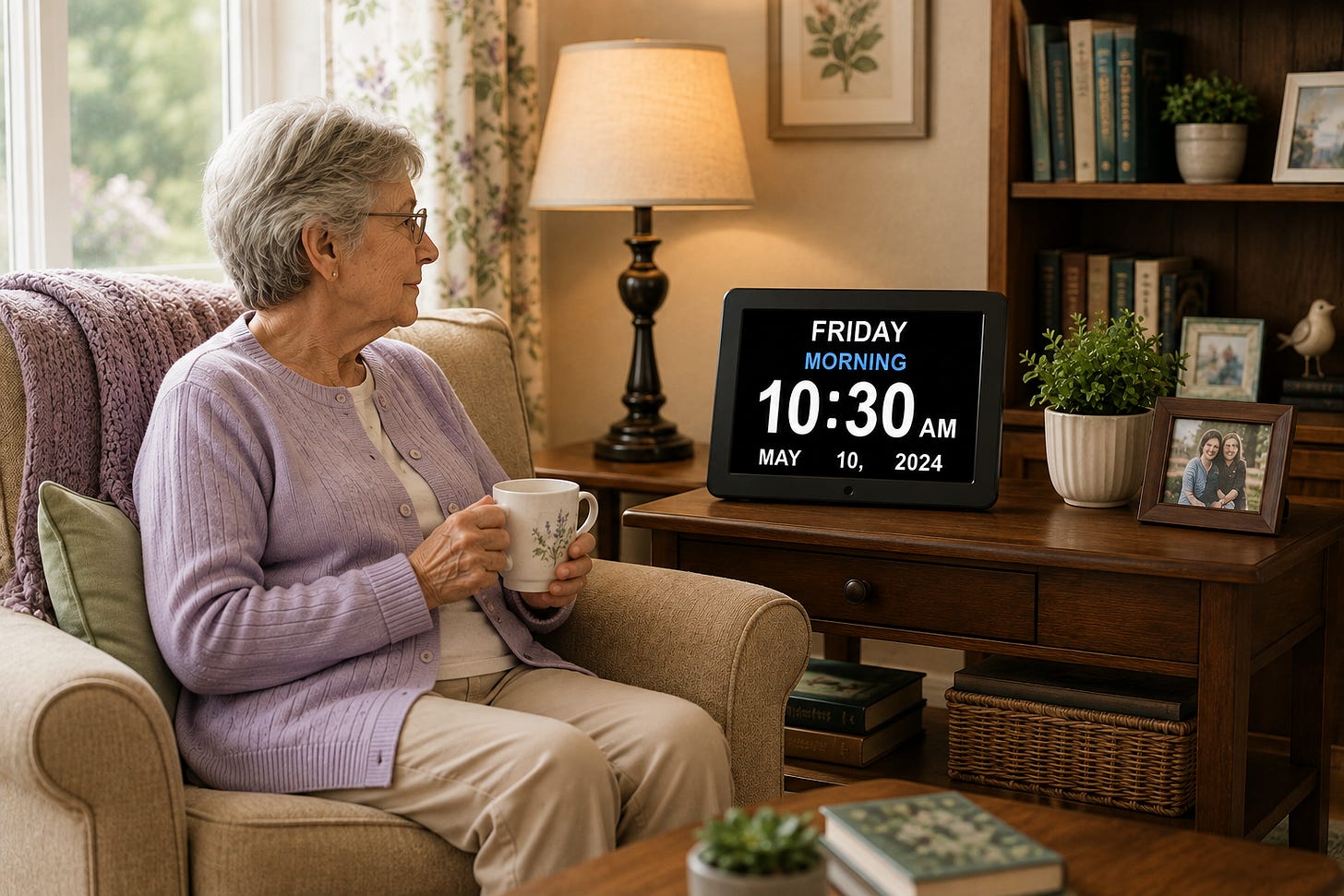 Older woman sitting in a comfortable living room looking at a large-display dementia clock showing Friday morning, 10:30 AM, and the date.