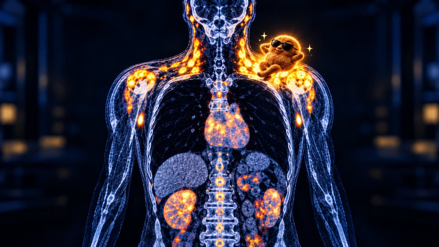 Illustration of a PET/CT-style body scan with glowing brown fat Illustration of a PET/CT-style body scan with glowing brown fat