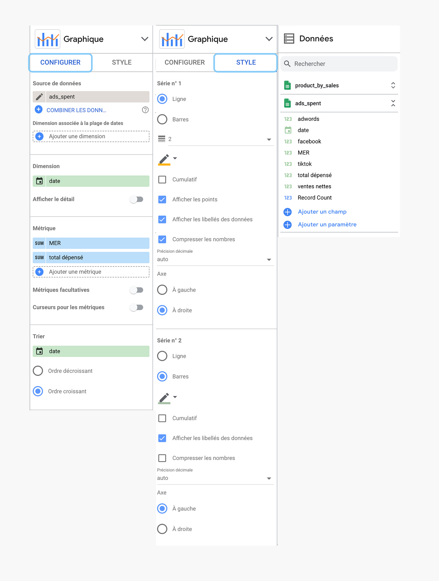 configuration du dernier graphique Data Studio