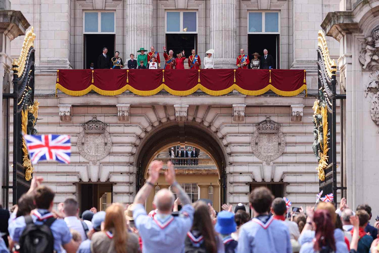 Vice Admiral Timothy Laurence, Britain's Princess Anne, Princess Royal, Britain's Prince George of Wales, Britain's Prince Louis of Wales, Britain's Catherine, Princess of Wales, Britain's Prince Louis of Wales, Britain's Princess Charlotte of Wales, Britain's Prince William, Prince of Wales, Britain's King Charles III, Britain's Queen Camilla, Britain's Prince Edward, Duke of Edinburgh, Britain's Sophie, Duchess of Edinburgh, Britain's Prince Edward, Duke of Kent, Britain's Birgitte, Duchess of Gloucester and Britain's Prince Richard, Duke of Gloucester come out to watch the fly-past of aircraft by the Britain's Royal Air Force 