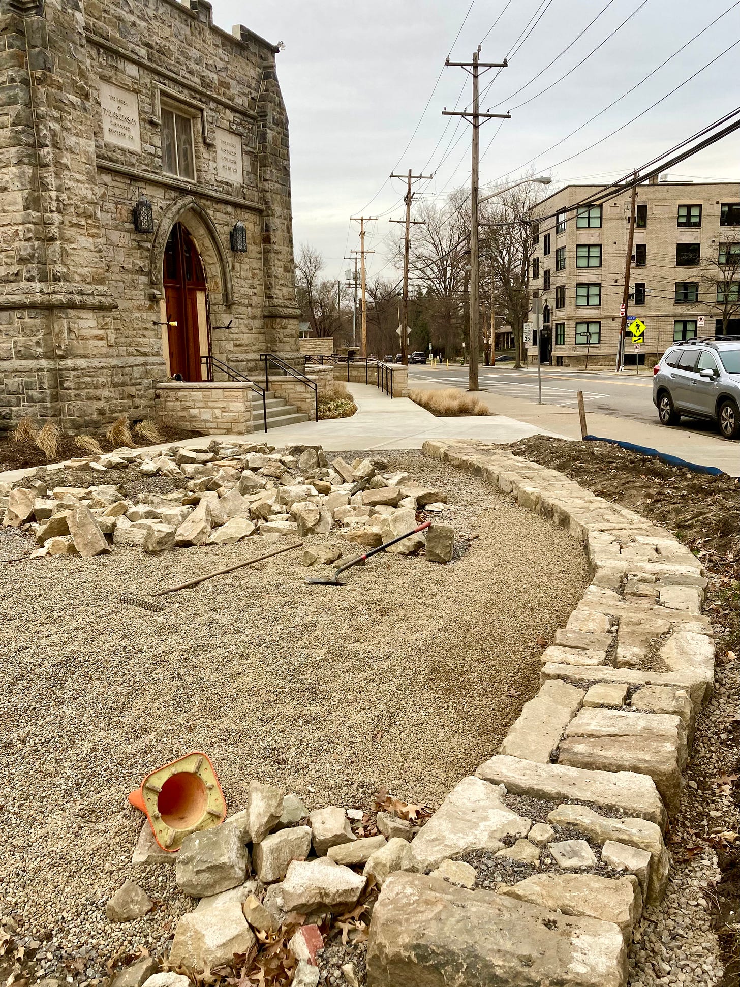 A beautiful new recycled stone wall at Church of the Ascension.