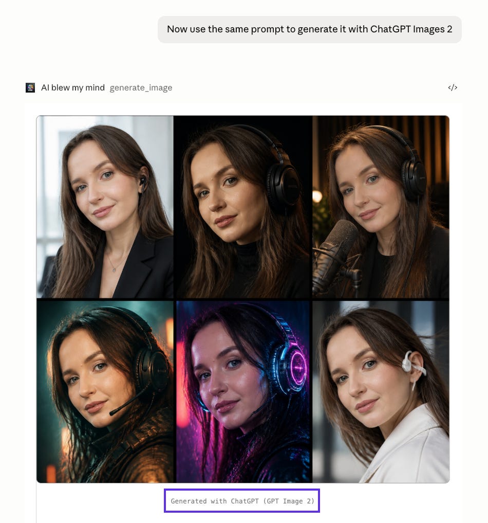 AI-generated six-panel portrait collage created with ChatGPT Images 2 inside the Claude interface using AI BLEW MY MIND Amplifiers. The collage shows the same woman across multiple professional and cinematic headset portrait styles, including podcast studio setups, corporate LinkedIn-style headshots, dark moody lighting, and cyberpunk-inspired neon scenes. The generated images maintain strong facial consistency, realistic skin textures, natural lighting, and cohesive composition across all variations while demonstrating ChatGPT Images 2’s ability to create polished multi-scene character portraits from a single reference image.