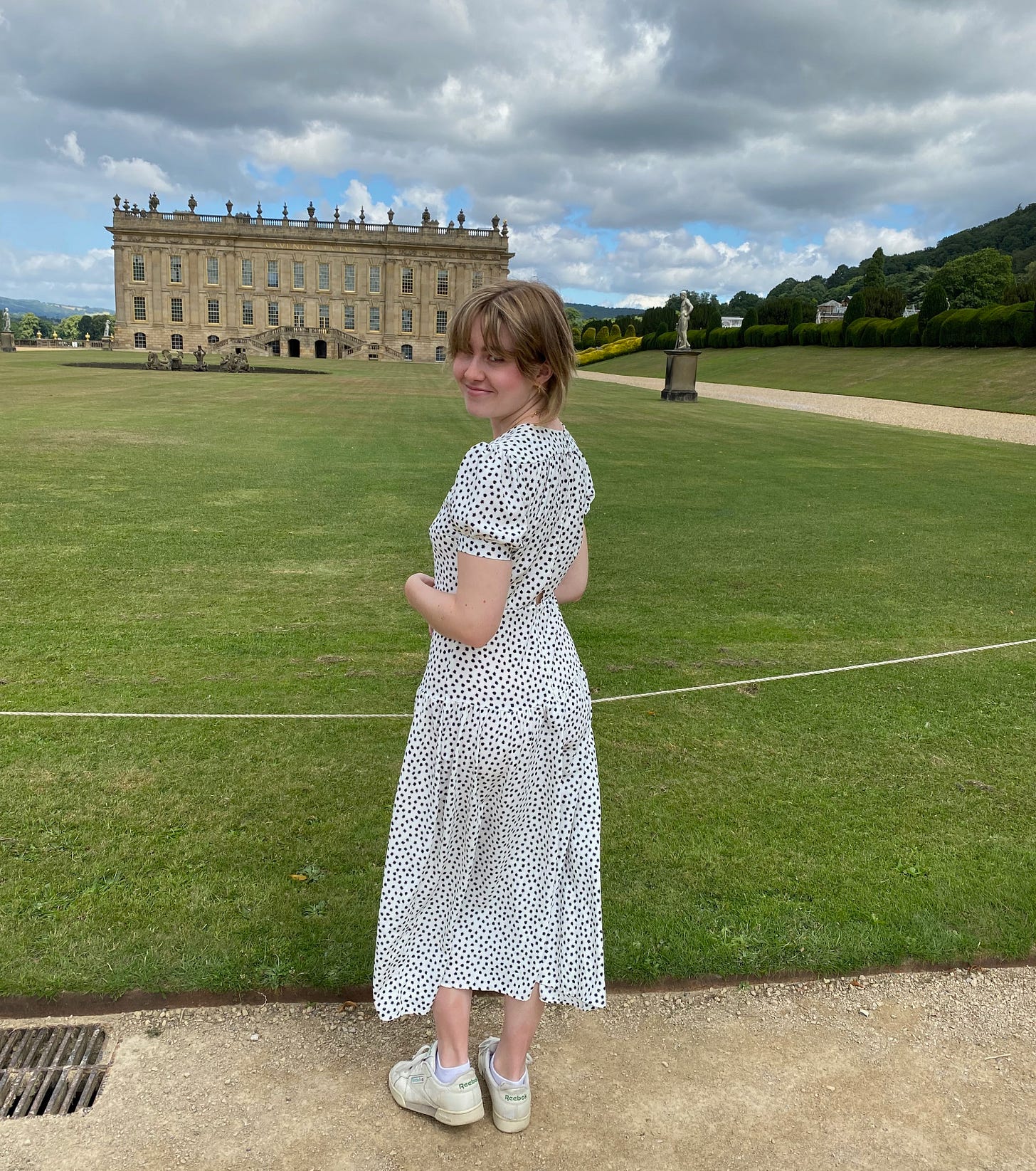 Catherine at Chatsworth House which is Mr Darcy's home in the 2005 adaptation of Pride & Prejudice.