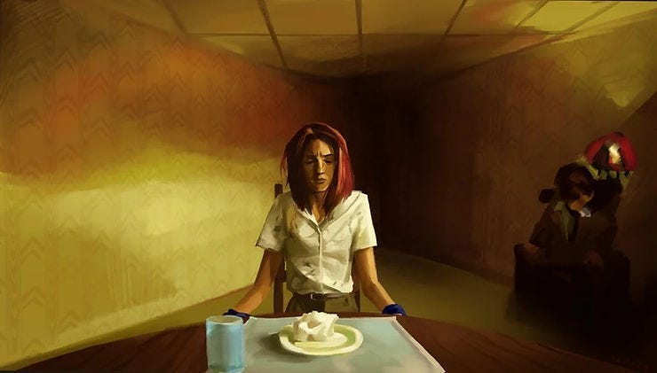 Sad red-haired woman sits at a table with a plate and cup in a dim yellow room; a shadowy figure stands behind.