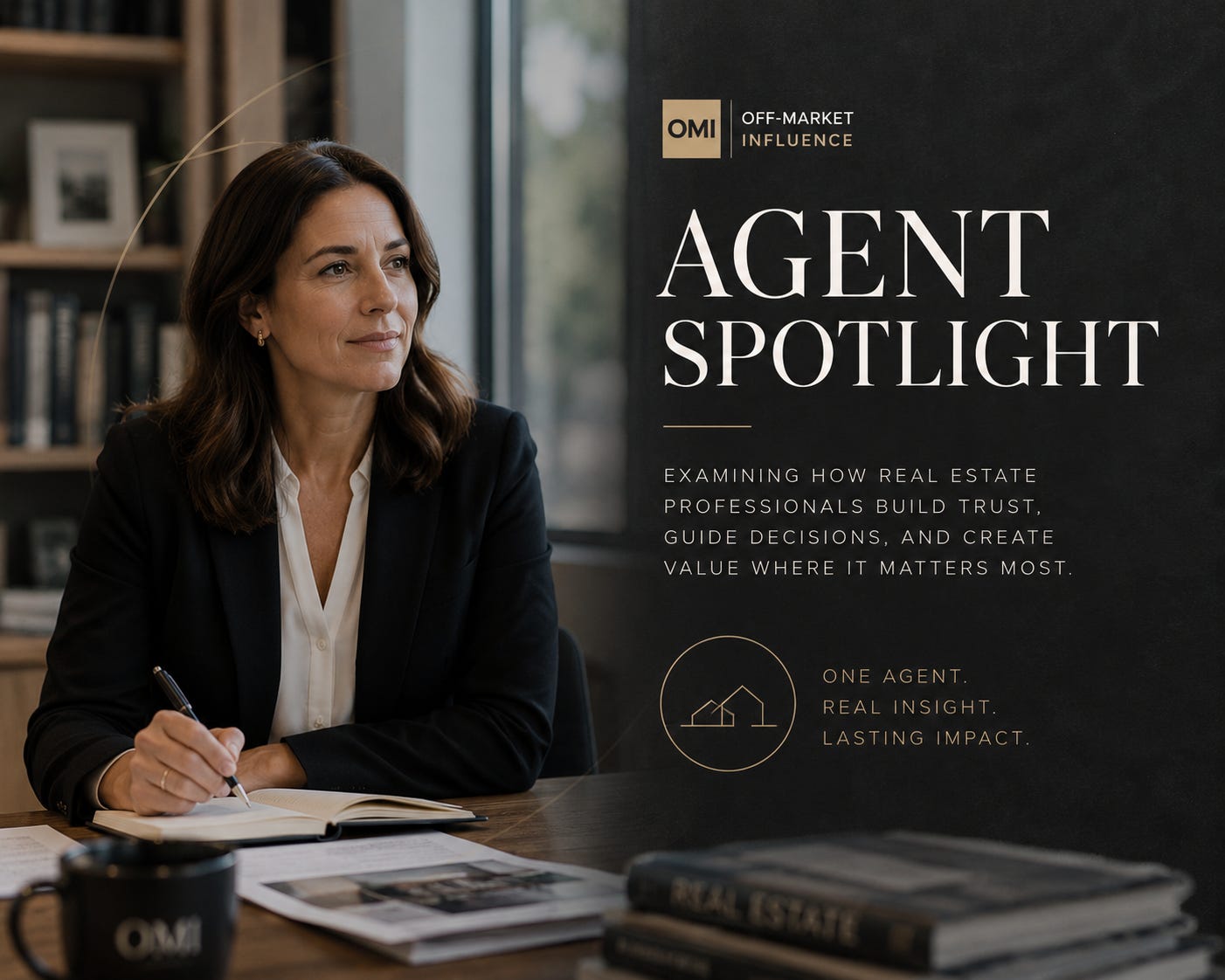 Editorial cover for Off-Market Influence's "Agent Spotlight" feature showing a professional real estate agent seated at a desk with a notebook in a modern office. The cover highlights OMI's editorial series examining how trust, judgment, and credibility are built in real estate practice. Editorial cover for Off-Market Influence's "Agent Spotlight" feature showing a professional real estate agent seated at a desk with a notebook in a modern office. The cover highlights OMI's editorial series examining how trust, judgment, and credibility are built in real estate practice.