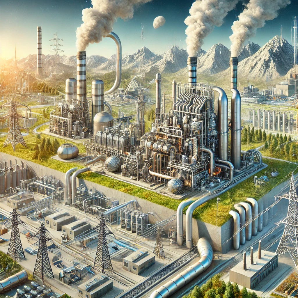 An illustration combining two concepts: 1) Carbon Dioxide Removal (a high-tech facility with large machines capturing CO2 from the atmosphere, with pipes transporting the captured carbon underground), and 2) Energy Infrastructure (a complex network of power lines, substations, and pipelines connected to the facility, showing how energy is distributed and used to power the CO2 removal process). The setting includes a mix of natural landscapes and urban elements to emphasize the integration of technology and environment.