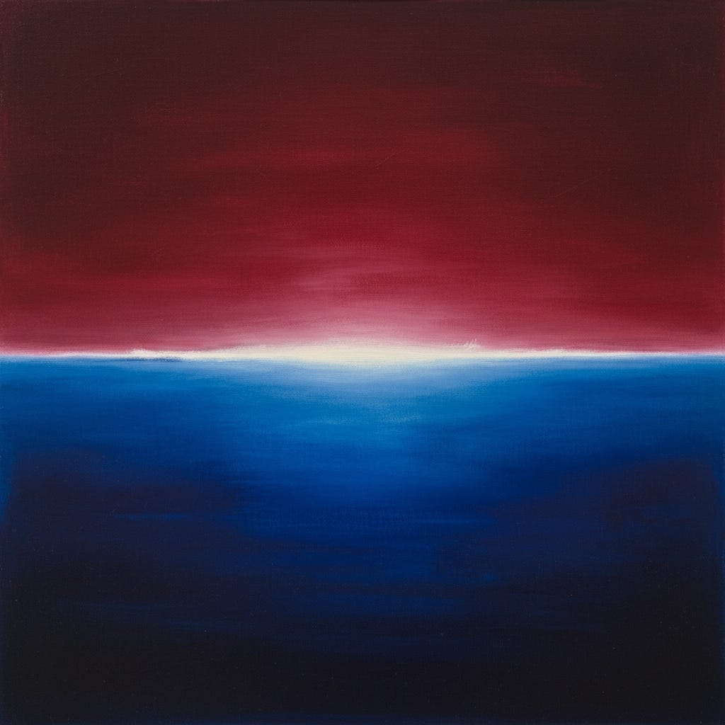 AI artwork in the style of Rothko, red and blue divided by a white line.