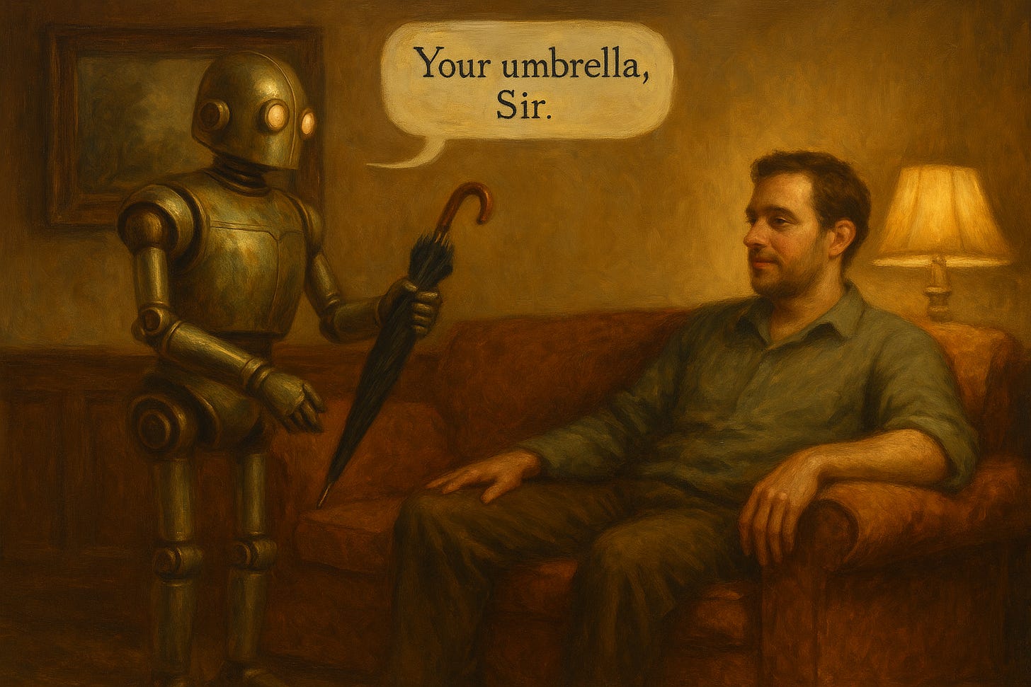 A humanoid robot stands in a warmly lit living room, politely offering an umbrella to a man seated on a couch. The robot says, “Your umbrella, Sir.” in a speech bubble, as a lamp casts soft golden light over the scene, painted in a classical oil style.