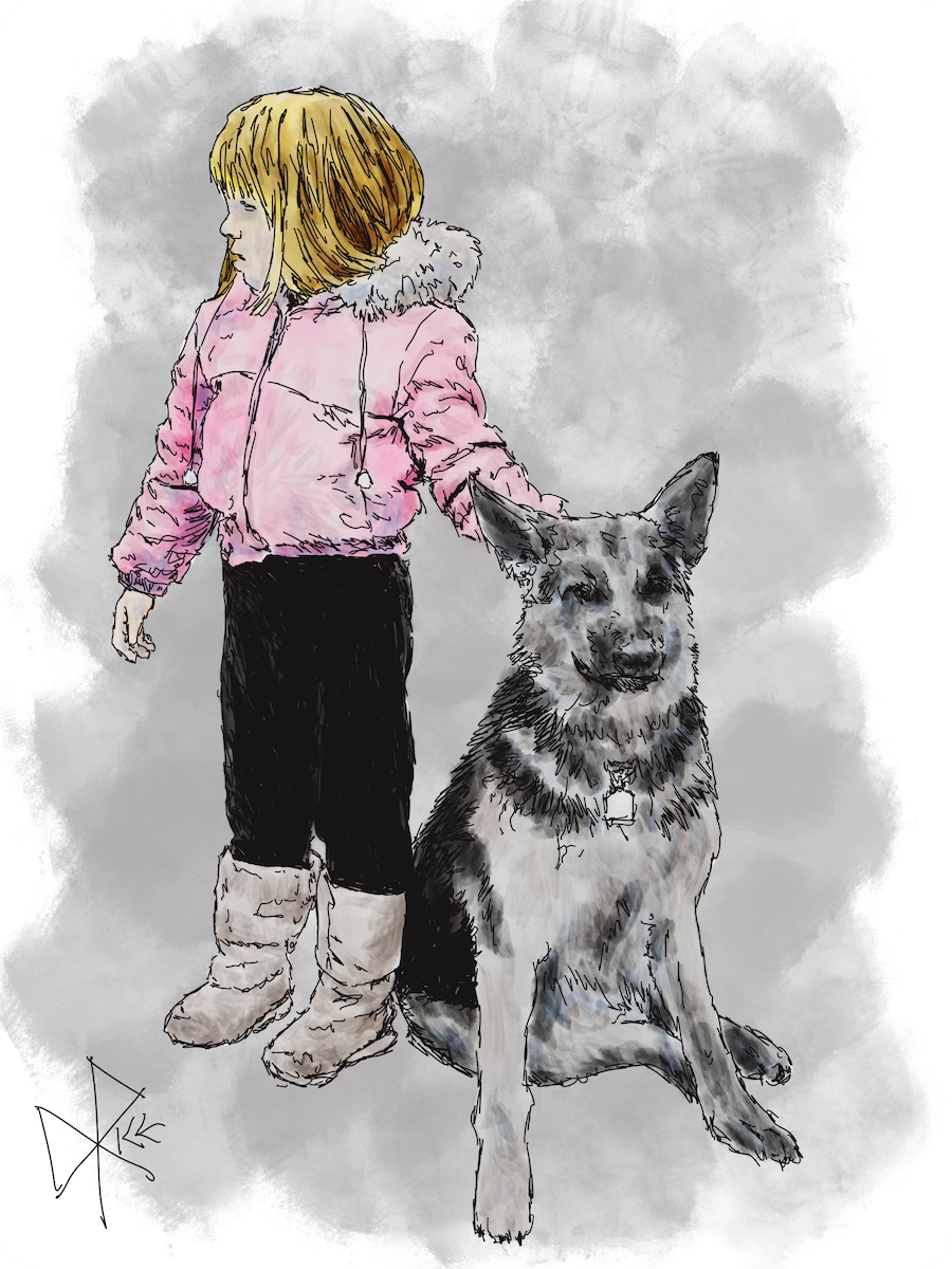 A young girl in a pink coat and winter boots, holding the collar of a seated German Shepherd dog. Sketch art by Don Rice. A young girl in a pink coat and winter boots, holding the collar of a seated German Shepherd dog. Sketch art by Don Rice.