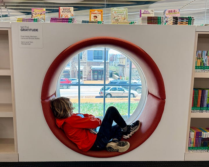 Two pictures of a round reading nook with a window, one picture has a 3 year old boy in the window seat, the other is the same boy at 9 years old.