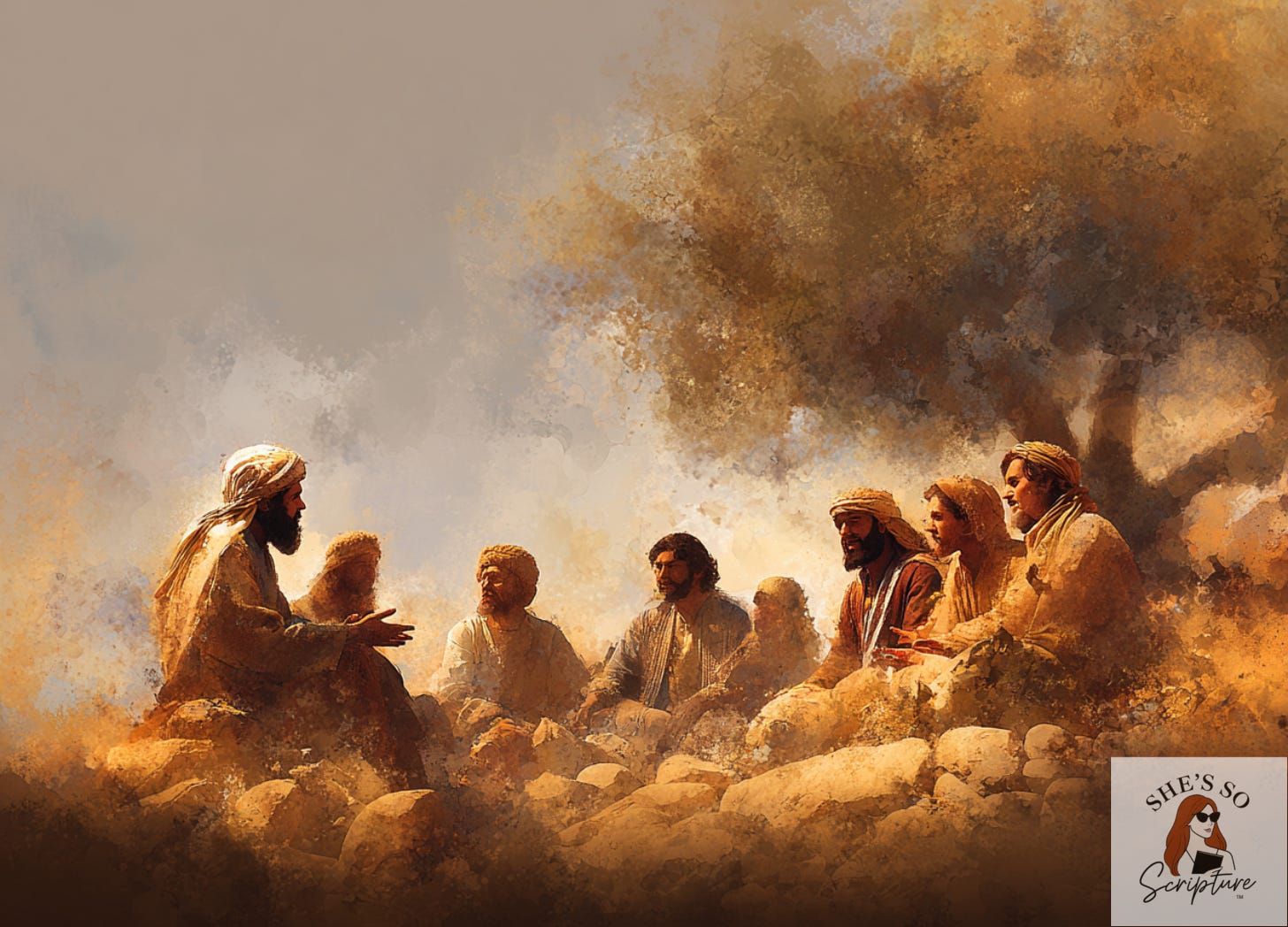 Illustration of a first century Jewish Rabbi teaching disciples through parables on a hillside, with listeners showing varied responses, symbolizing stories that reveal and conceal truth.